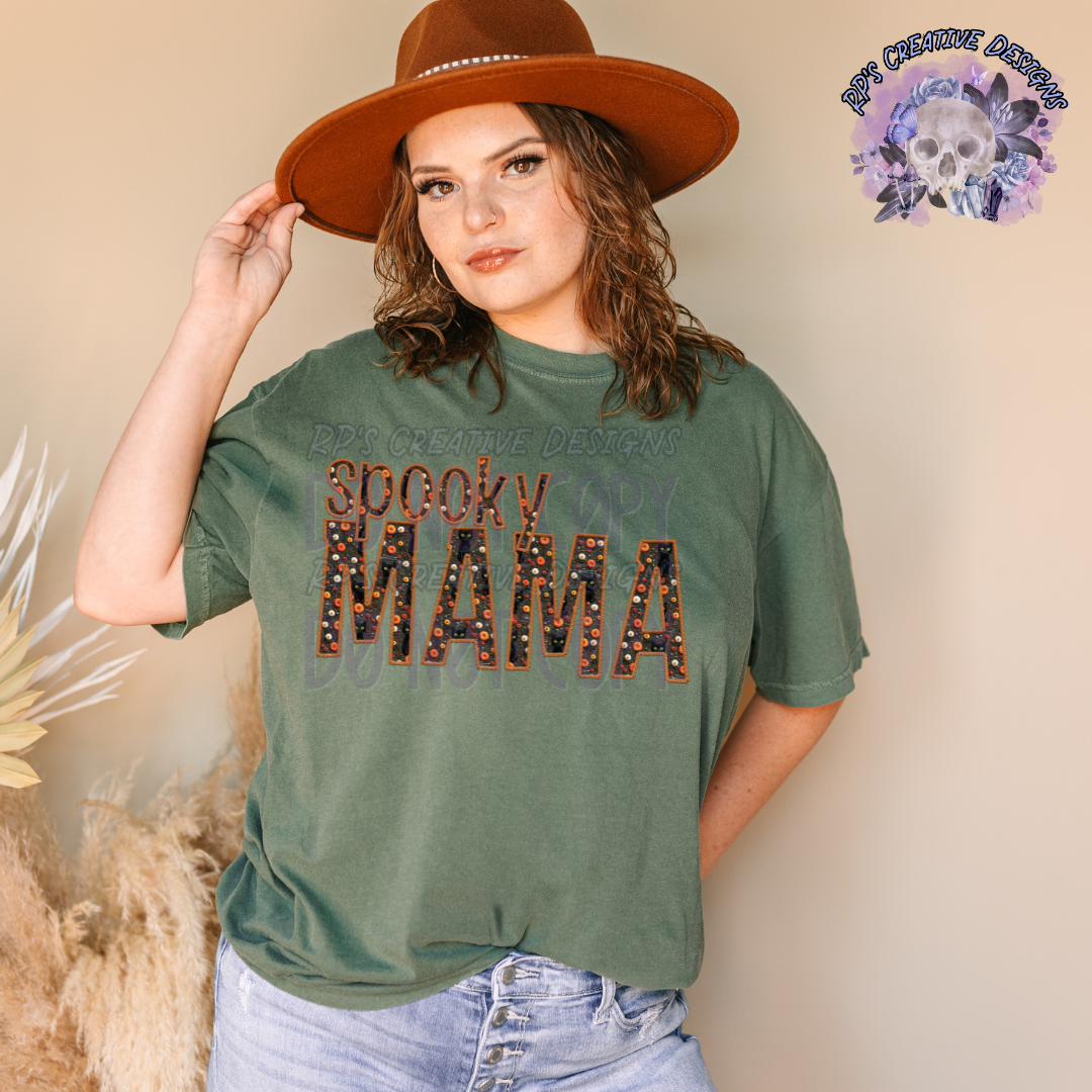 Spooky Mama Cat and Pumpkins Faux Embroidery WS