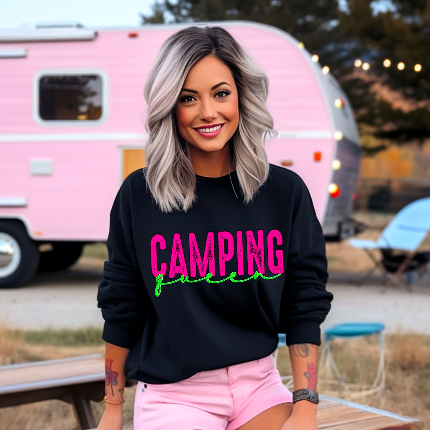Camping Queen Pink and Lime Green DTF