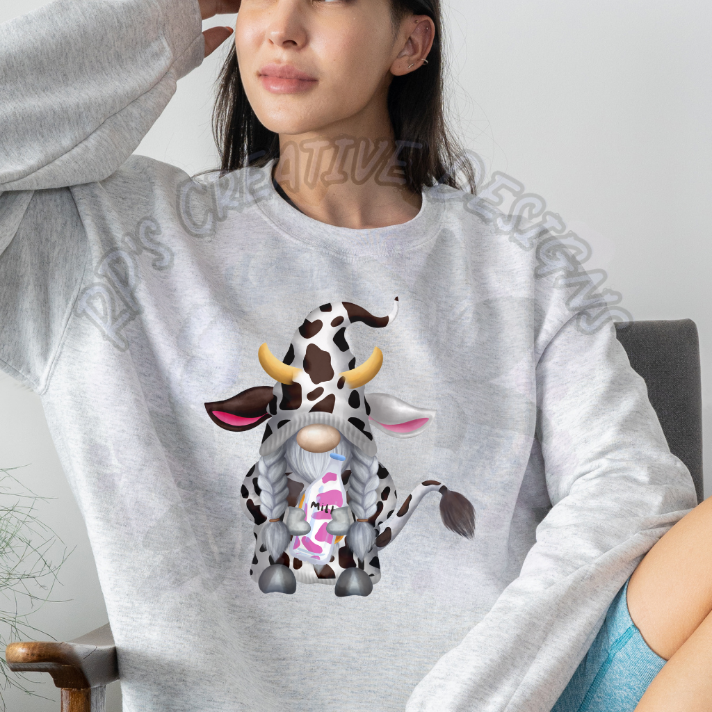 Brown spotted Cow with Pink Milk Gnome DTF