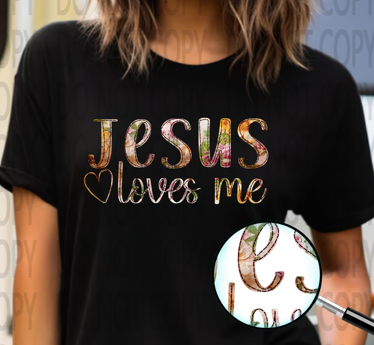 Jesus Loves Me Floral Stitch DTF