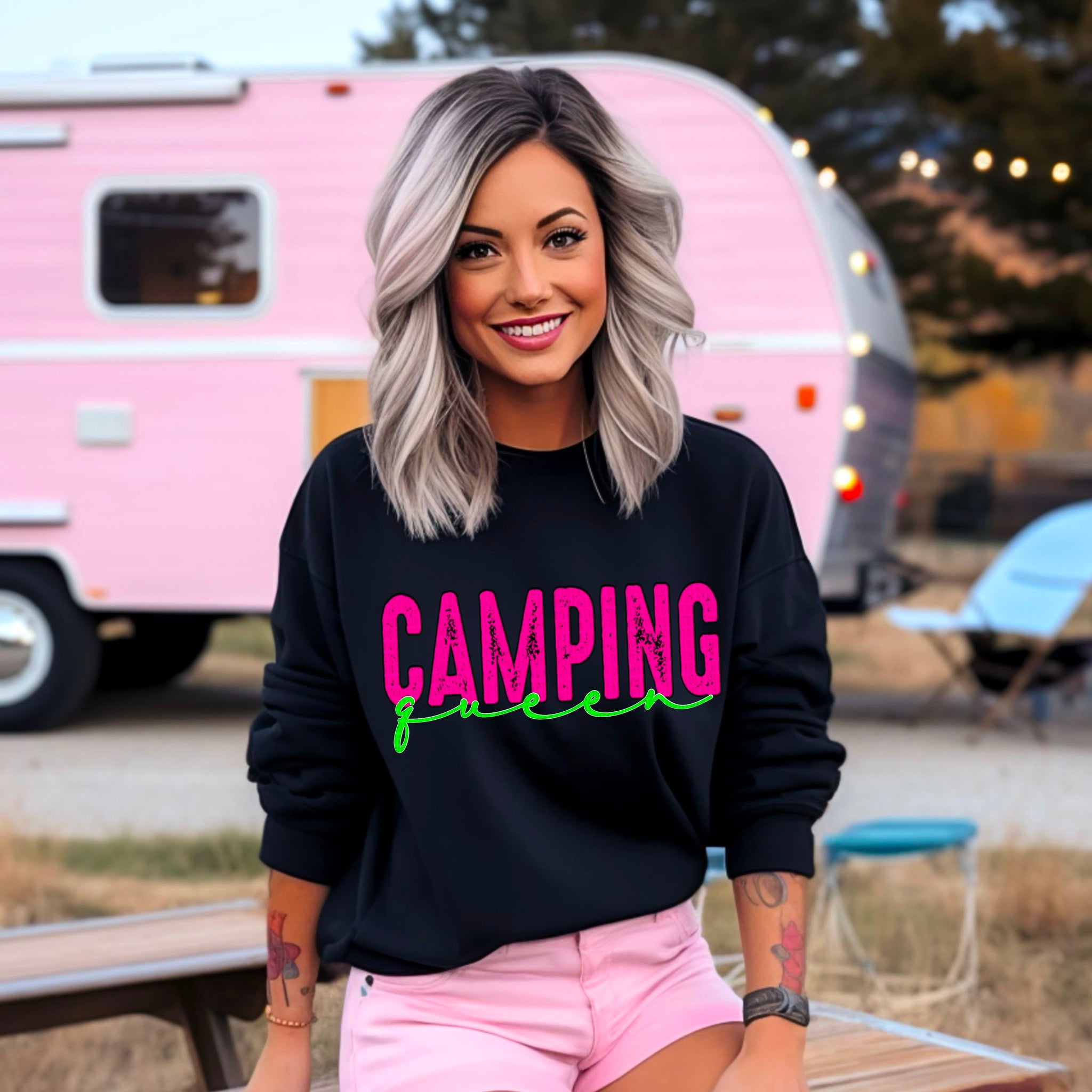 Camping Queen Pink and Lime Green DTF