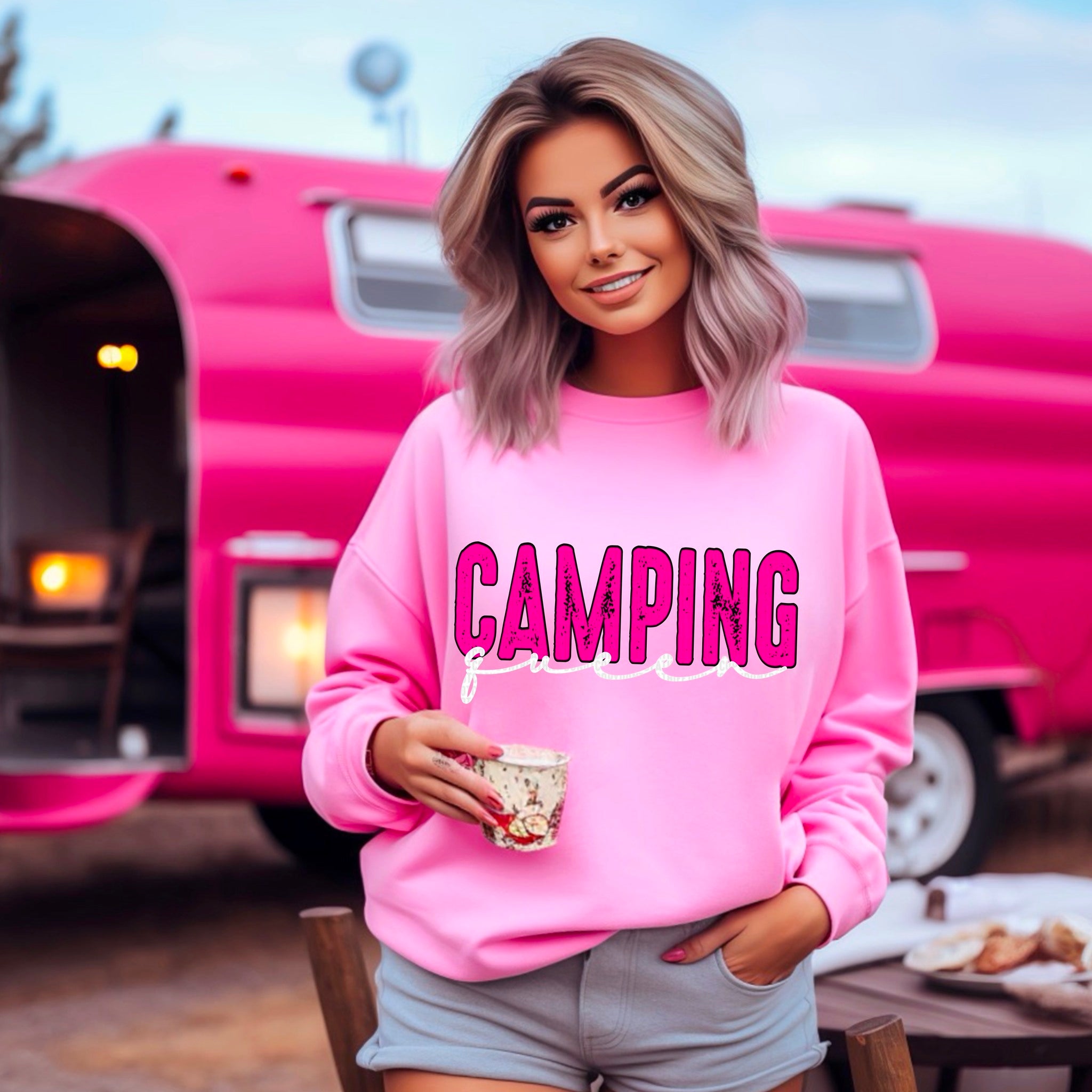 Camping Queen Pink and White DTF